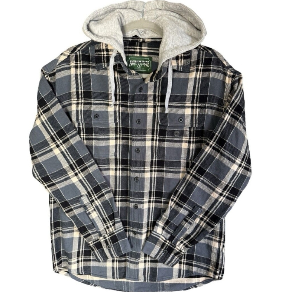 American Eagle men's blue plaid hoodie flannel button down shirt jacket medium